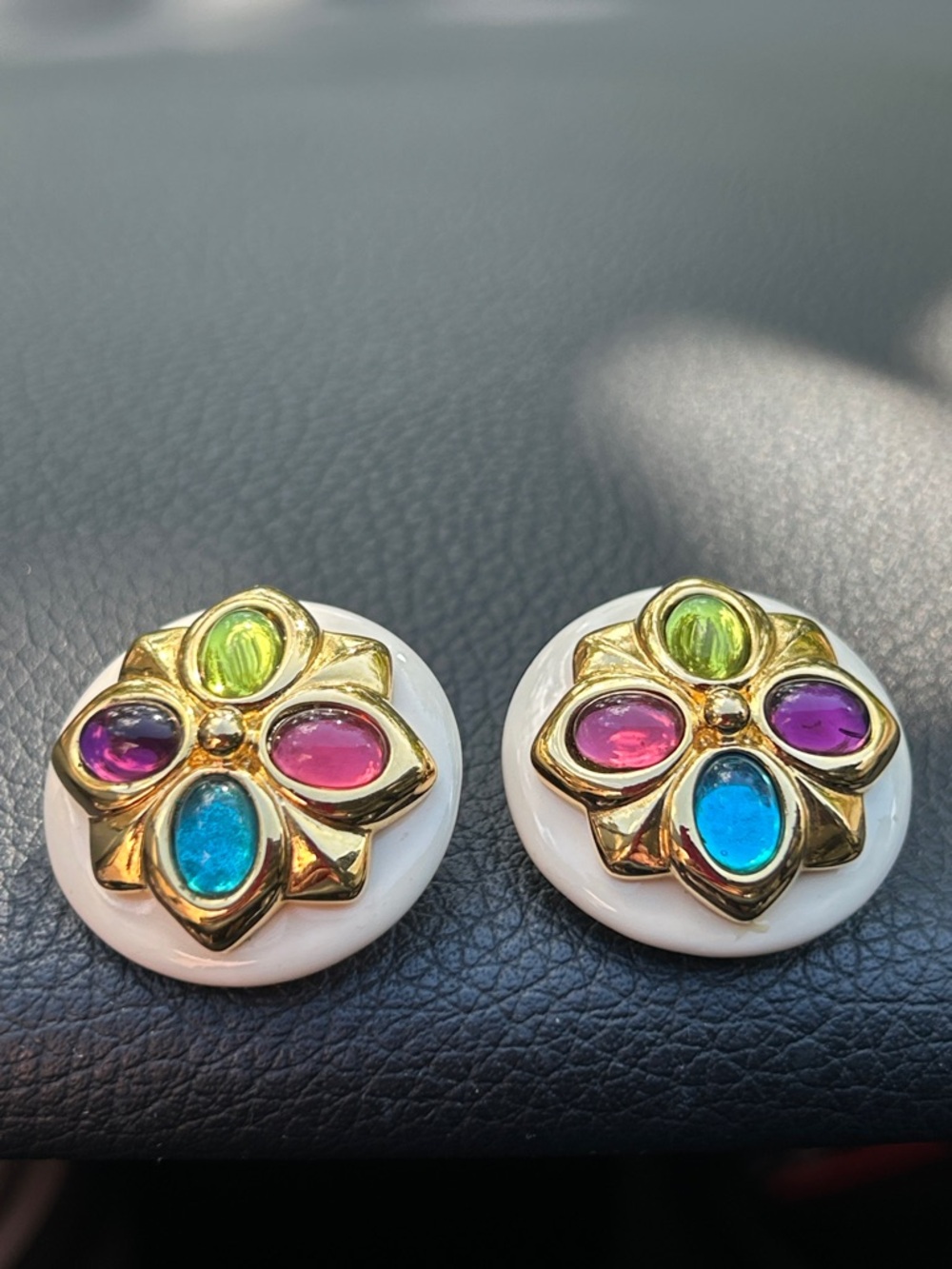 Joan Rivers Cabochon Multicolor Enamel Gold Clip Ons - Picture 2 of 4